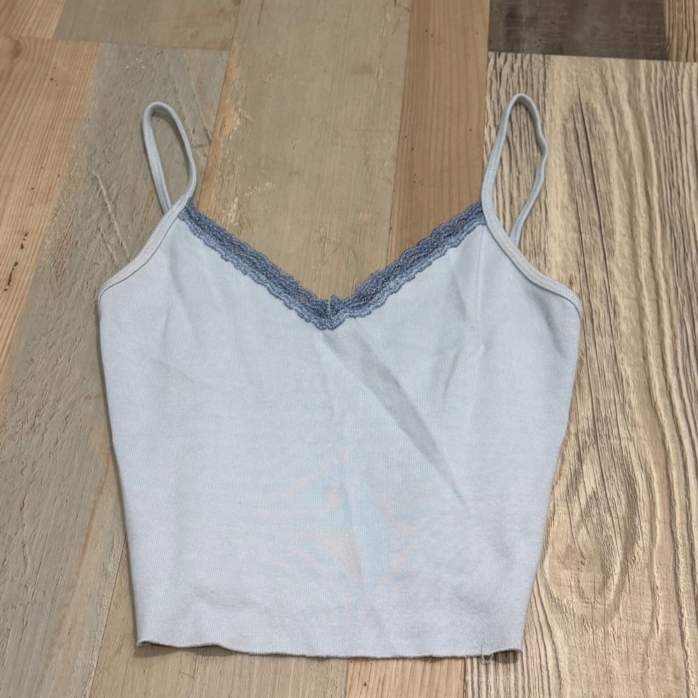 John Galt Lace Trim Cami Crop Top One Size Light Blue Ribbed Cotton Tank